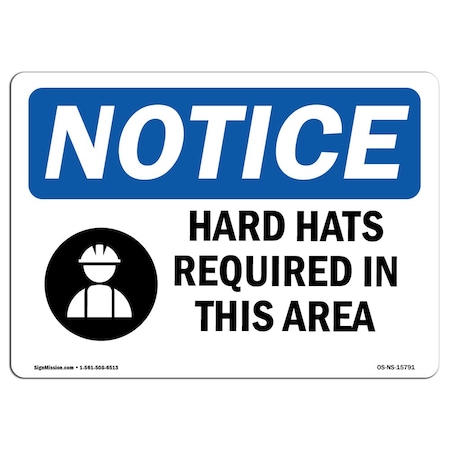 Signmission OSHA Notice Sign, NOTICE Hard Hats Required In This Area, 10in X 7in Decal, 10" W, 7" H, Landscape OS-NS-D-710-L-15791